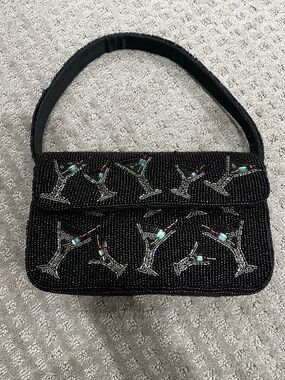 Black Beaded Martini Motif Shoulder Bag